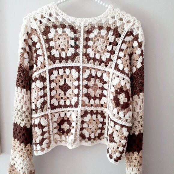 NWT Misskoo brown, cream, gold metallic fibre shimmer accent crochet cardigan - Picture 10 of 12